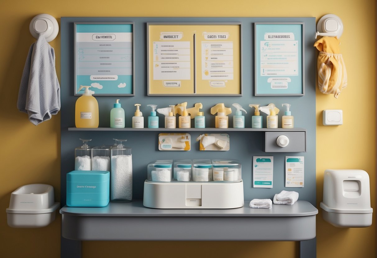 A diaper changing station with clean, organized supplies. A chart showing sizes and a helpful FAQ sign. Bright, welcoming colors and a comfortable, safe environment