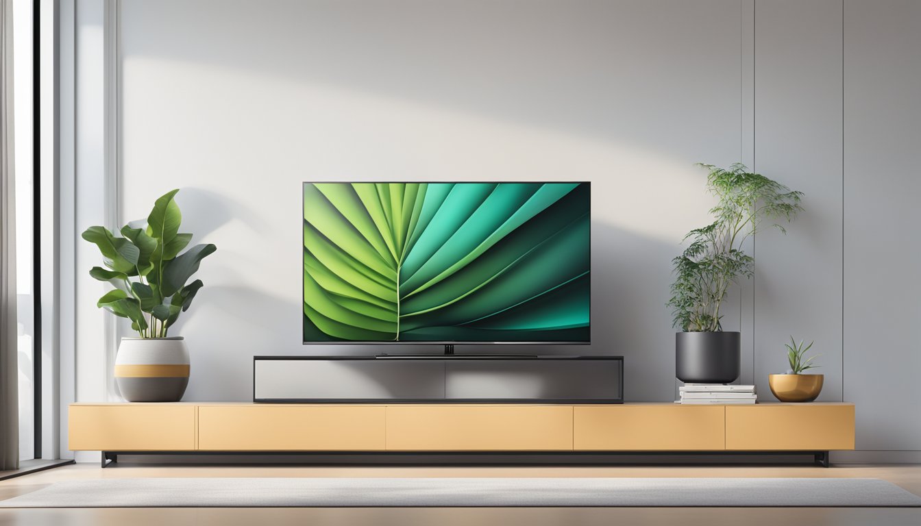 A sleek, modern television sits atop a minimalist stand, displaying the vibrant logo of the leading Singapore TV brand