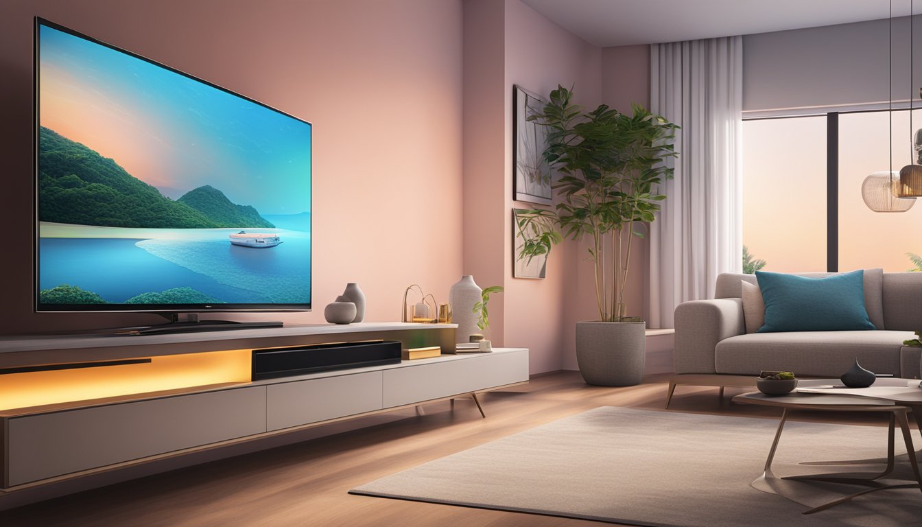 A sleek, modern television set sits atop a minimalist entertainment unit, displaying crisp images and vibrant colors. The room is bathed in soft, ambient lighting, showcasing the cutting-edge technological advancements in Singapore TV brands