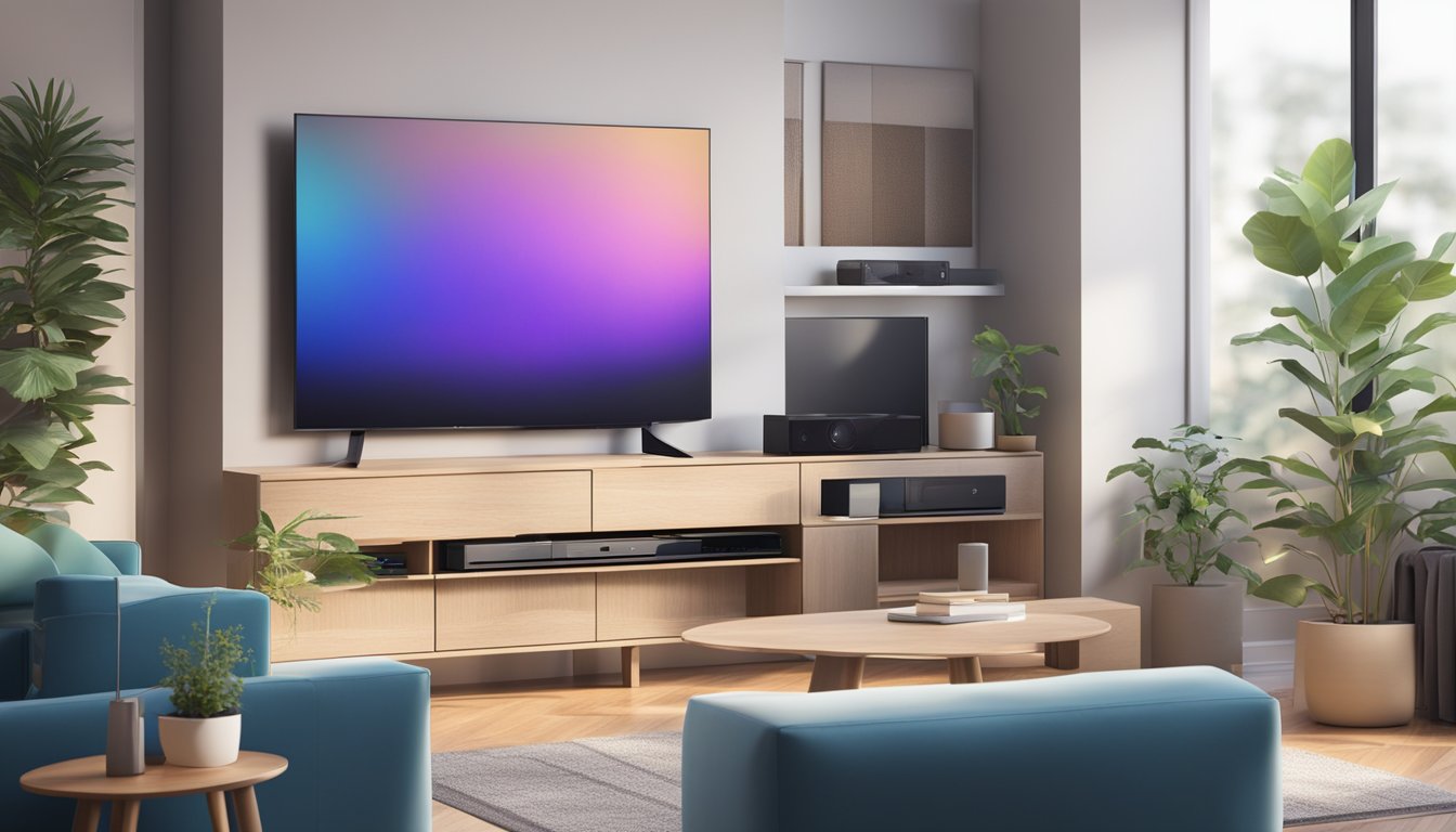 A smart TV sits on a sleek modern entertainment center, surrounded by various streaming devices and a comfortable living room setup