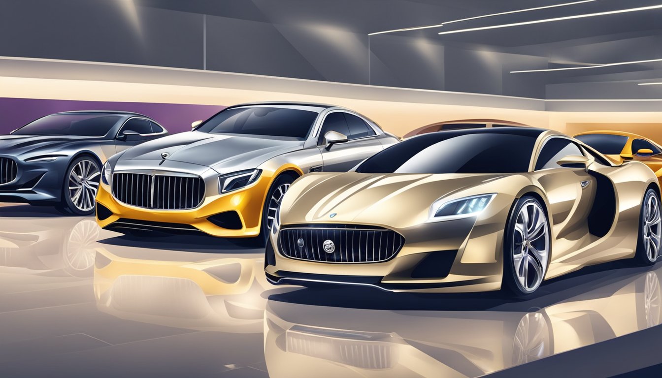 Luxury super car brands lined up at a glamorous auto show. Shiny, sleek vehicles with iconic logos on display