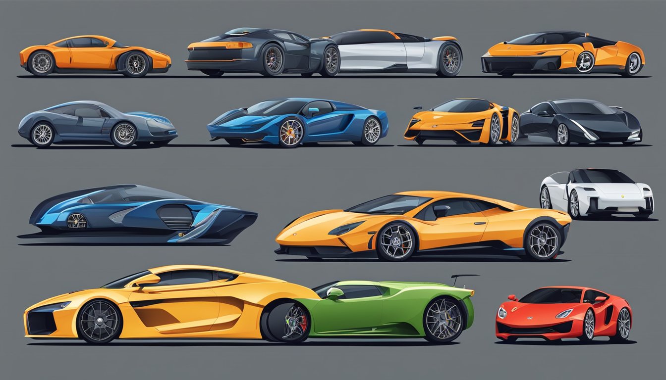 Luxury supercars lined up in chronological order, from classic models to modern masterpieces, showcasing the evolution of iconic car brands