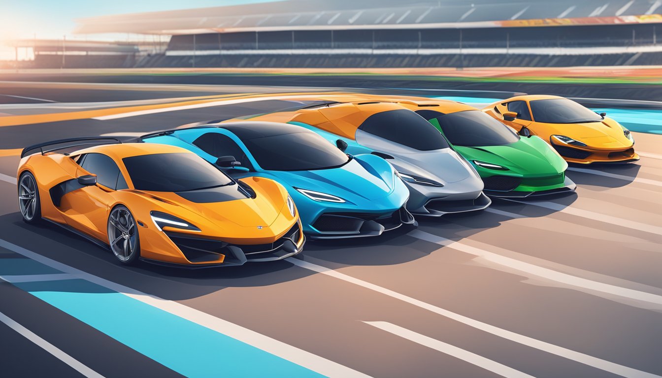 A row of sleek supercars, each with distinct performance metrics, lined up on a track, ready to showcase the power and speed of top supercar brands