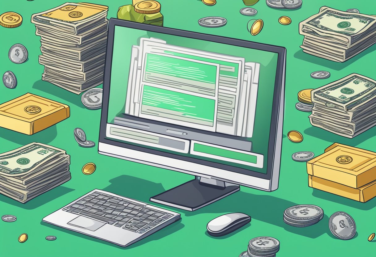 A computer screen displays a list of obscure money-making websites, surrounded by stacks of cash and shining gems