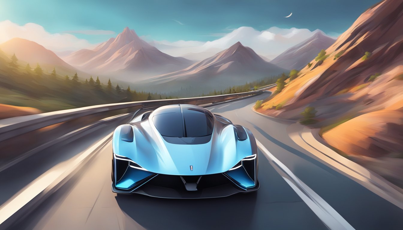 A sleek, futuristic supercar zooms along a winding mountain road, with its aerodynamic design and innovative features on display