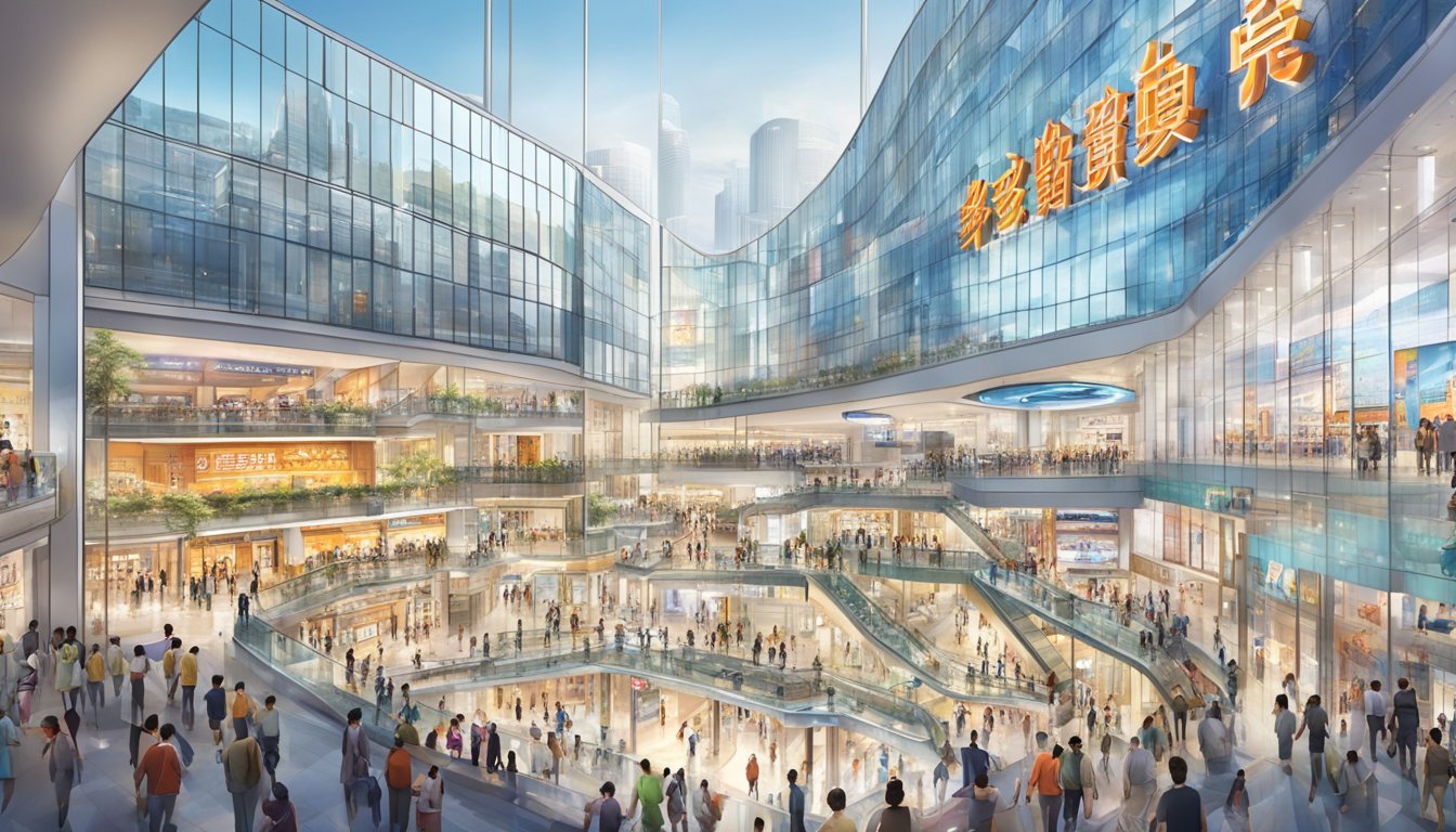 The bustling Super Brand Mall in Shanghai, with its towering glass facade and vibrant signage, is surrounded by a sea of people and bustling activity