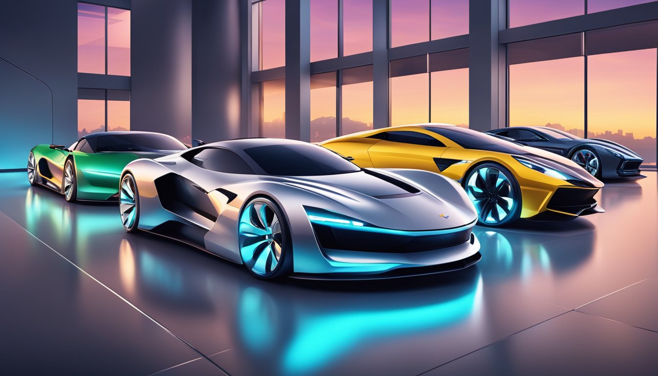 Sleek supercars line up in a futuristic showroom, gleaming under bright lights. Cutting-edge technology and luxurious design set these vehicles apart