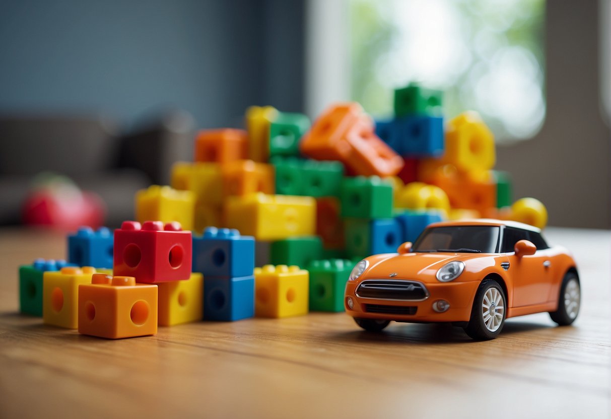 A colorful pile of Mega Bloks scattered on the floor, some connected to form a small tower, with a child's toy car and a mini figurine nearby