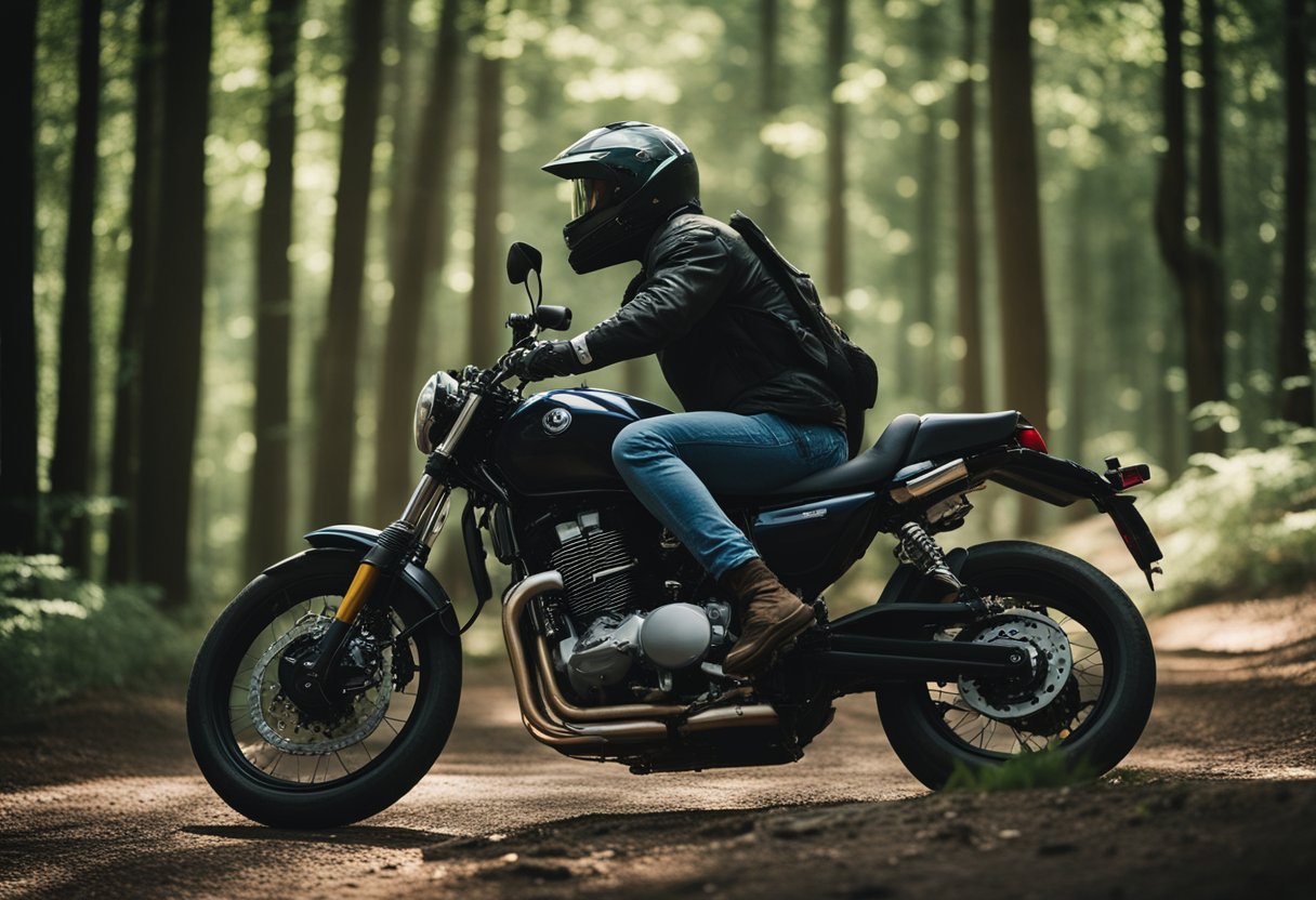 A motorcyclist riding through a serene forest, feeling connected to nature and experiencing spiritual growth