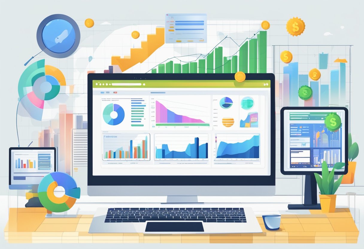 A computer screen displays multiple tabs open to various money-making websites. Graphs and charts show increasing profits. Ads for online businesses fill the background