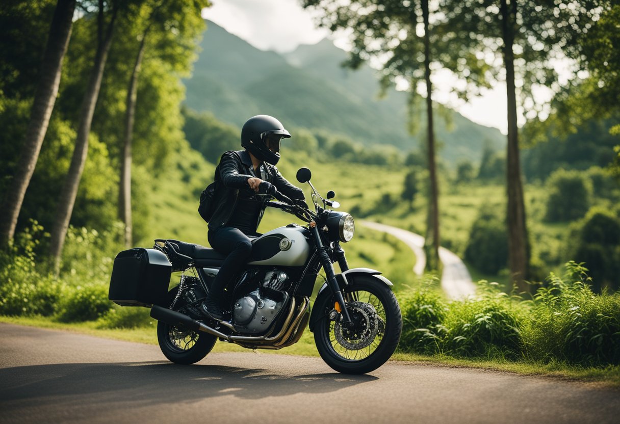A motorcyclist connecting with nature, surrounded by lush greenery and serene landscapes, evoking a sense of spiritual growth and harmony