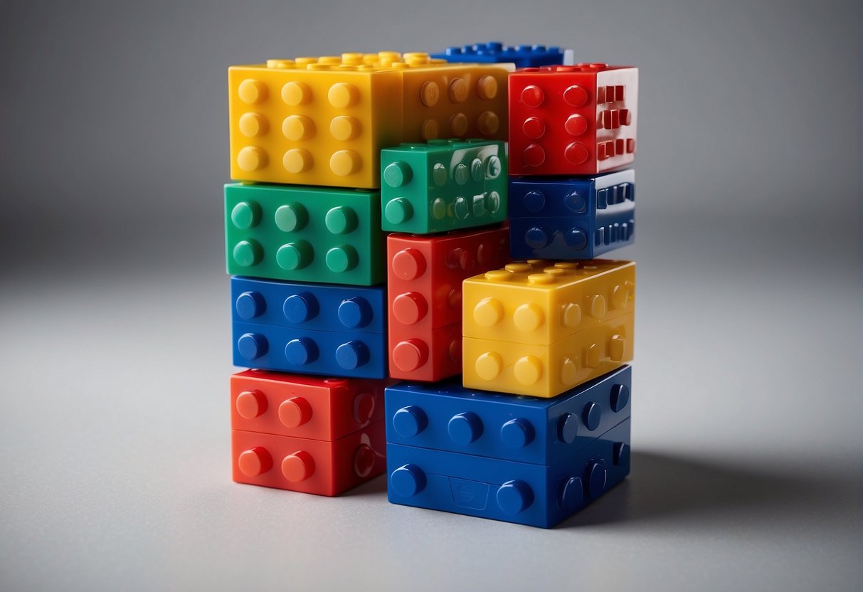 A stack of Mega Bloks in various sizes and colors, arranged in a timeline format, with a banner reading "History of Mega Bloks: 11 Things You Should Know" at the top
