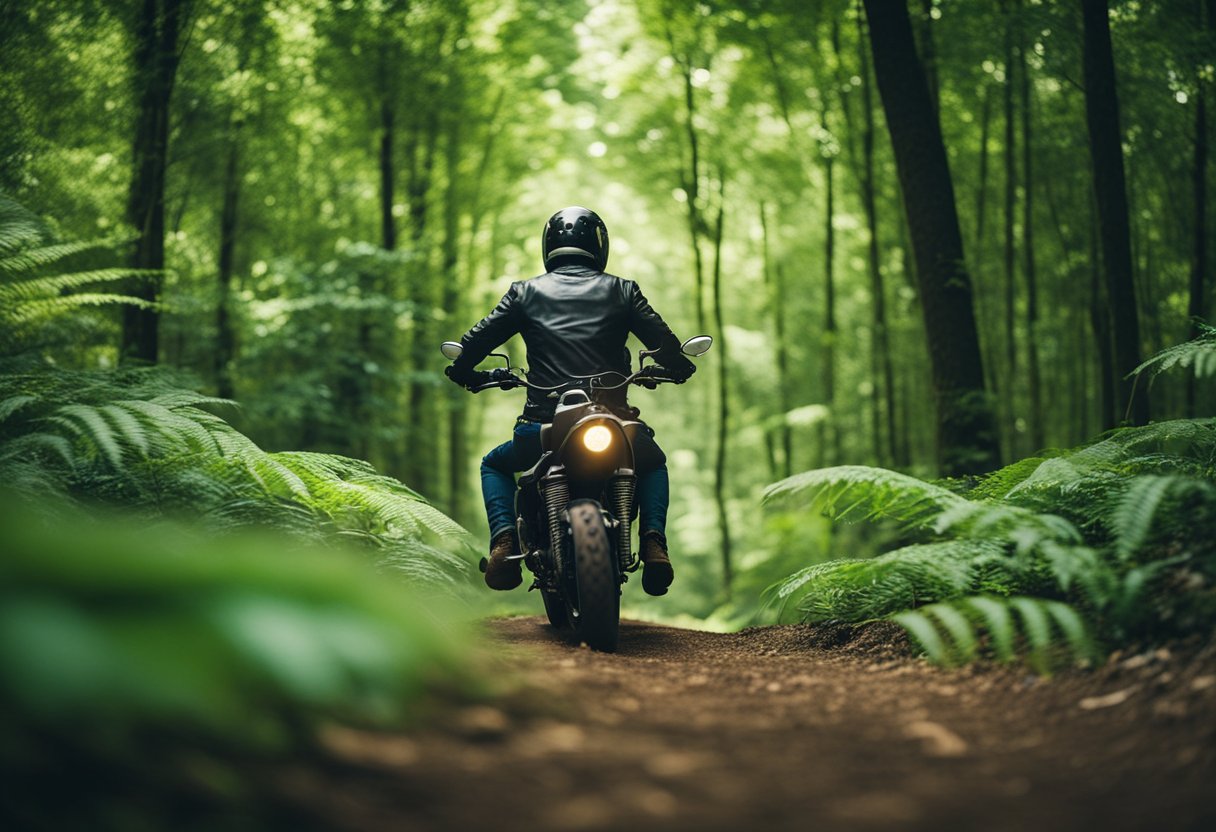 A motorcyclist riding through a lush forest, feeling a deep connection with nature and experiencing spiritual growth