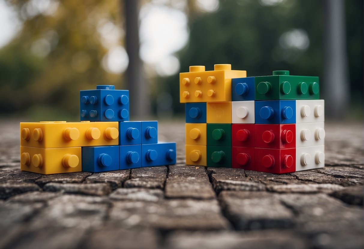 Mega Bloks and LEGO bricks sit side by side, showcasing their unique shapes and sizes. A comparison chart highlights 11 key differences between the two building block brands