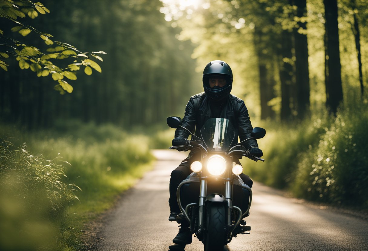 A mindful motorcyclist surrounded by nature, connecting spiritually