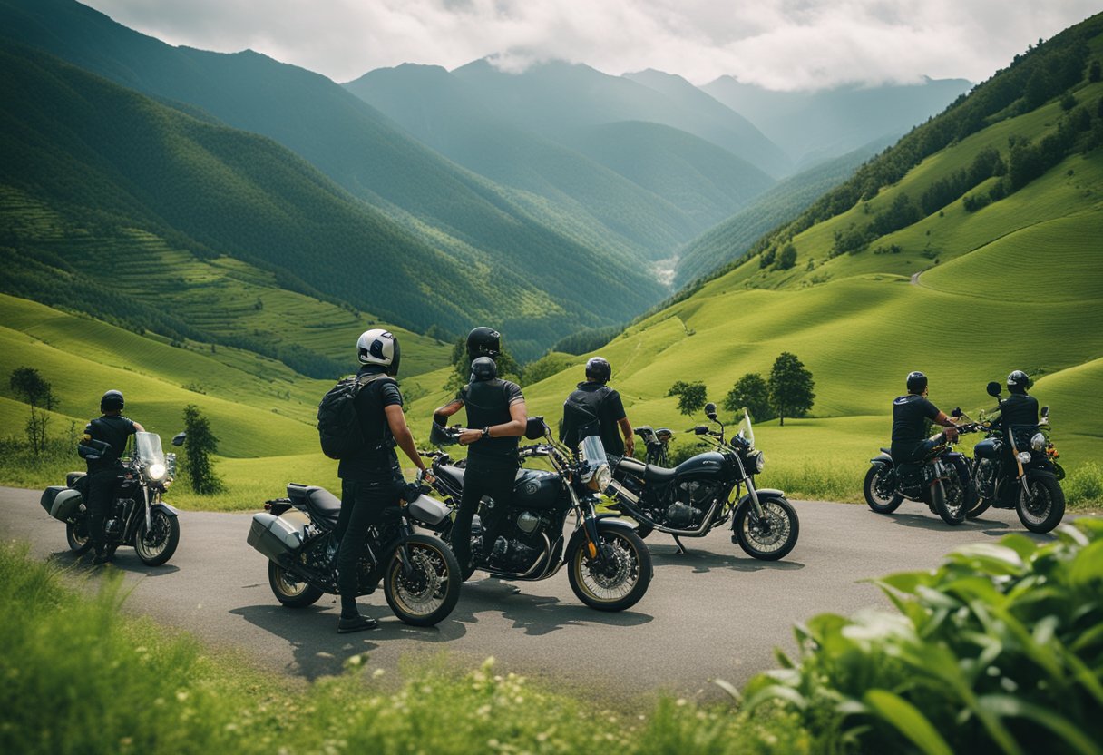 A group of motorcyclists surrounded by lush green mountains, their bikes parked as they immerse themselves in the natural beauty, finding spiritual growth