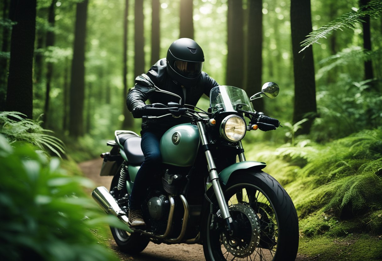 A motorcyclist peacefully rides through a lush forest, feeling connected to nature and experiencing spiritual growth