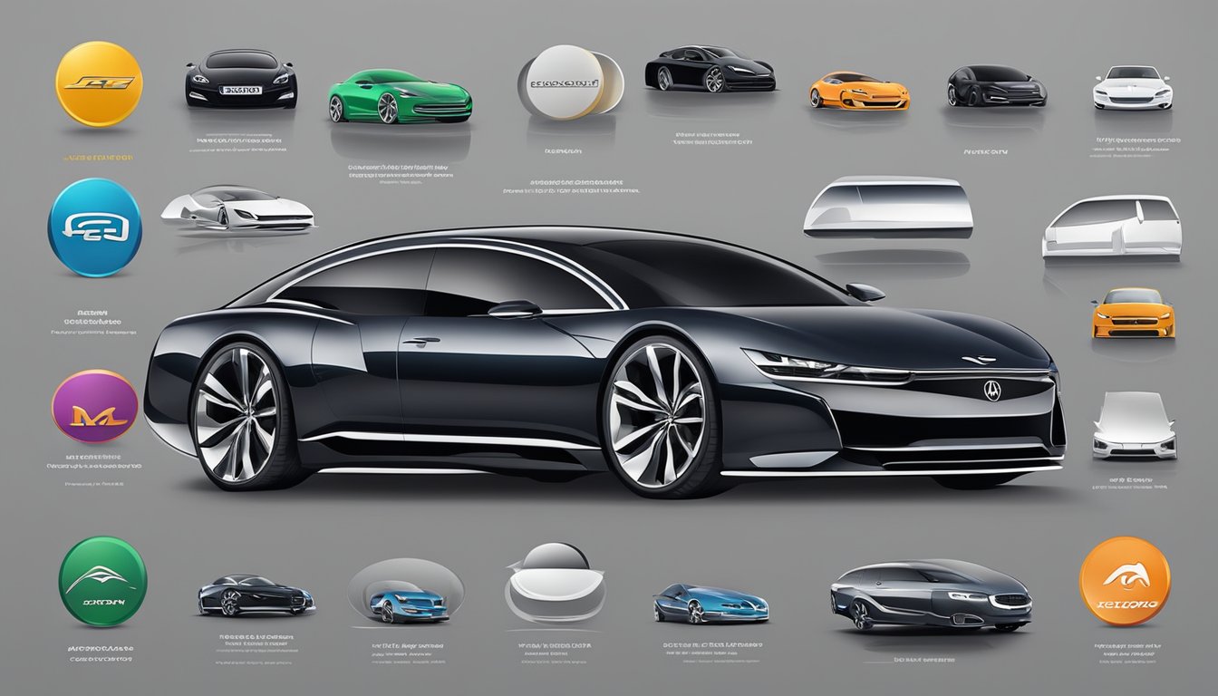 Luxury car logos and names displayed on a sleek backdrop, with a list of questions surrounding them