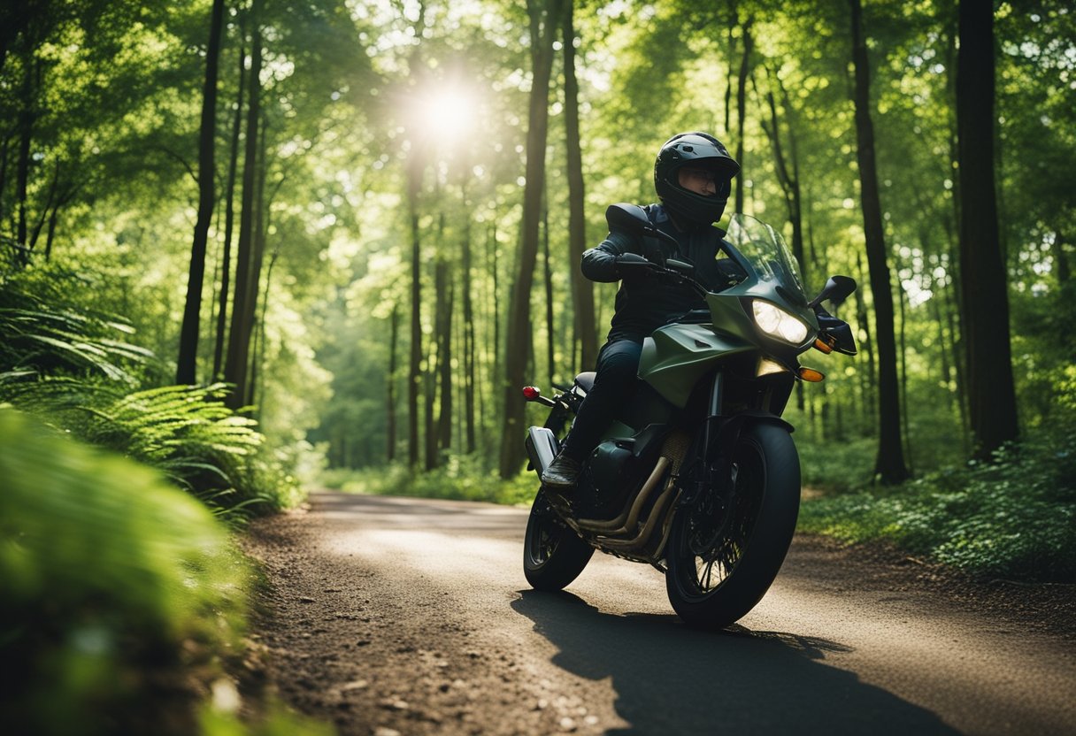 A motorcyclist peacefully rides through a lush forest, respecting environmental laws and connecting with nature for spiritual growth