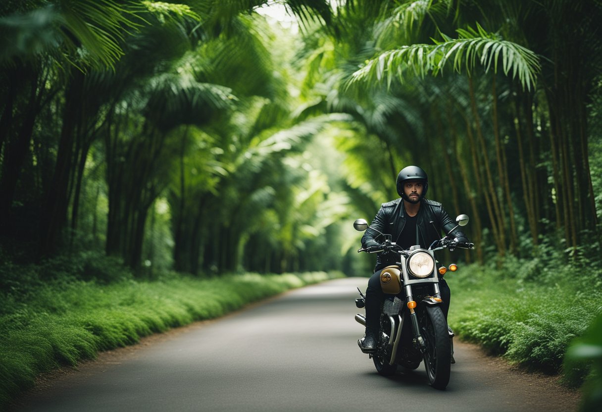 A motorcyclist surrounded by lush greenery, with a clear focus on eco-friendly technology integrated into the bike. The scene exudes a sense of harmony with nature and spiritual growth