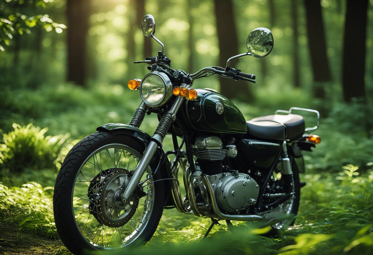 A lone motorcycle parked in a tranquil forest clearing, surrounded by lush greenery and vibrant wildlife, symbolizing the rider's connection to nature and spiritual growth