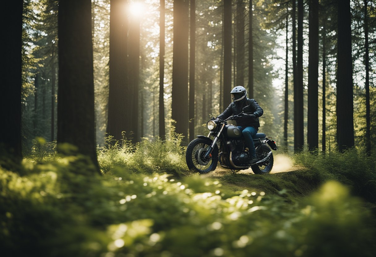 A motorcyclist rides through a serene forest, connecting with nature and experiencing spiritual growth