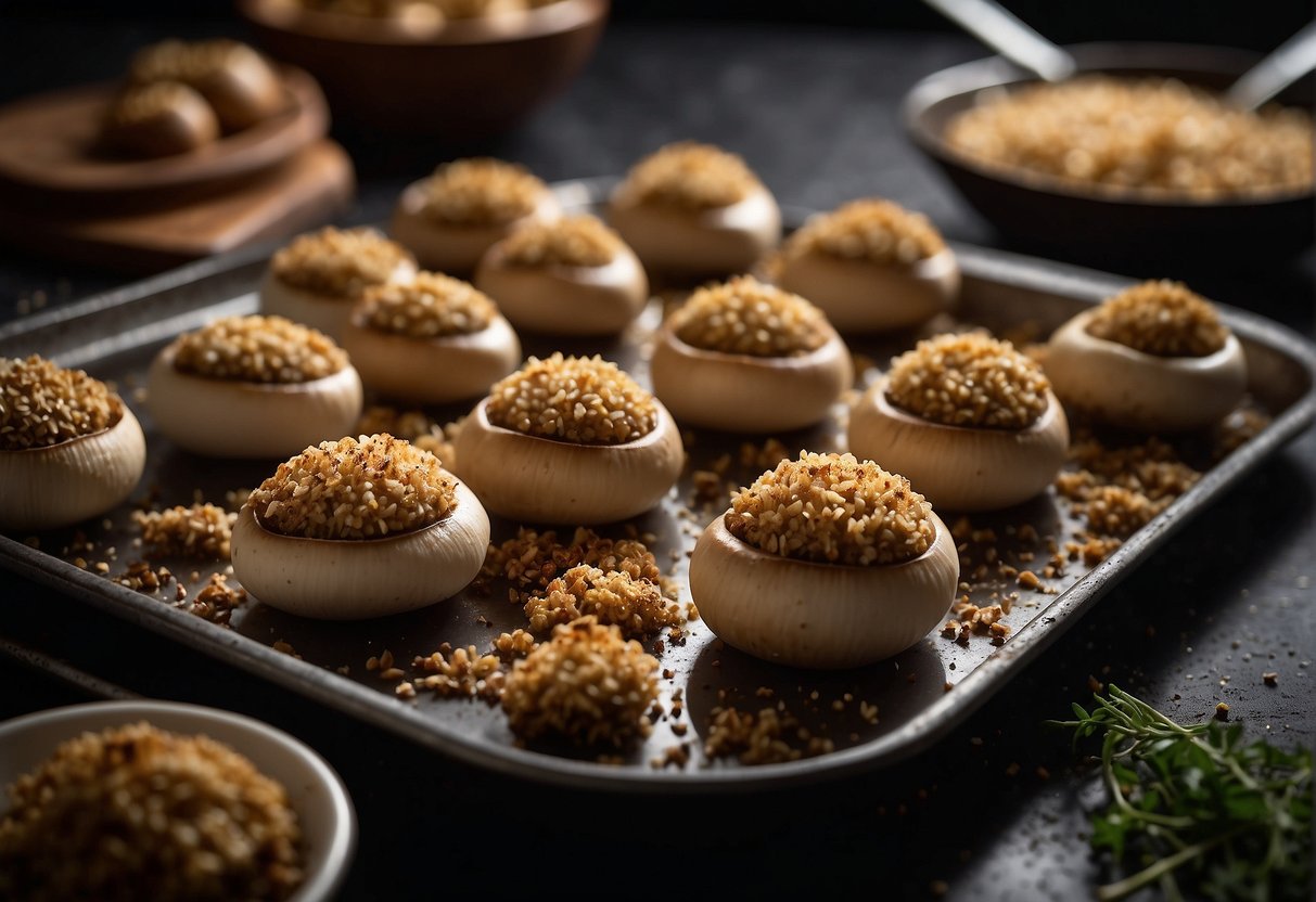 Mushrooms being stuffed with savory filling, arranged on a baking sheet, and sprinkled with breadcrumbs before being baked to perfection