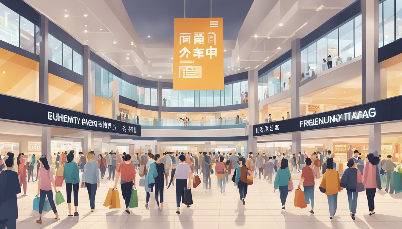 A bustling mall in Shanghai with a prominent "Frequently Asked Questions" sign and crowds of people browsing and shopping