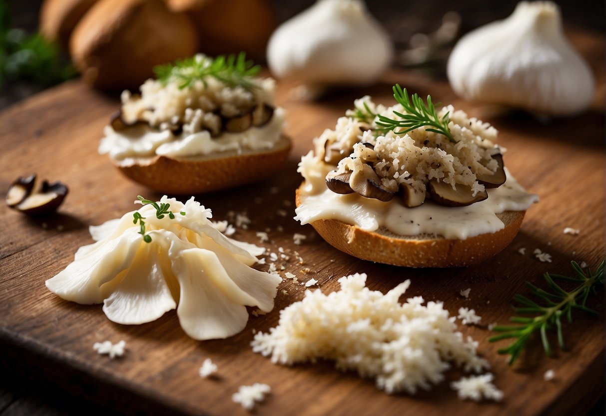 Mushroom caps, crabmeat, cream cheese, parmesan, garlic, and breadcrumbs on a cutting board