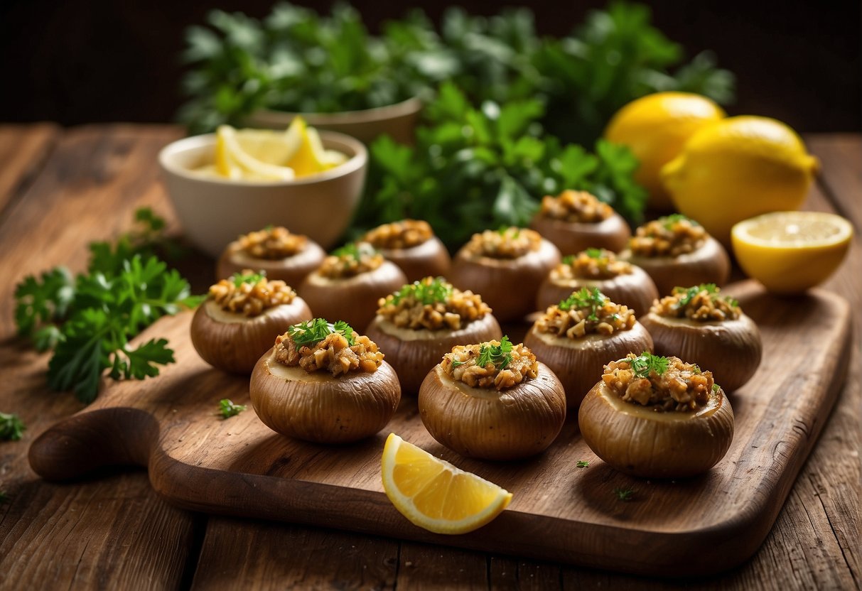 A platter of golden-brown stuffed mushrooms garnished with fresh parsley and lemon wedges, set on a rustic wooden serving board