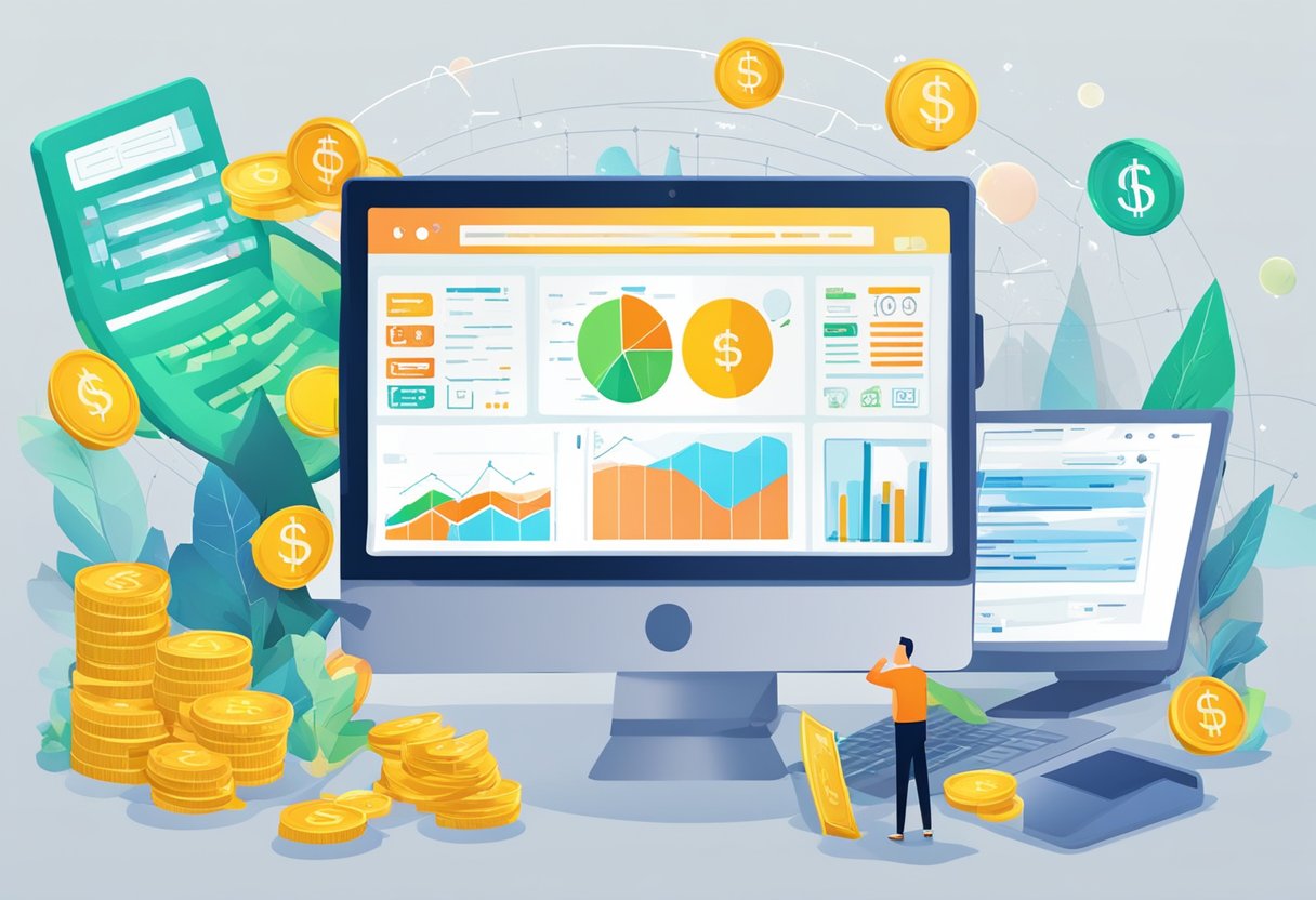 A computer screen displaying various money-making websites, surrounded by charts and graphs showing increasing earnings