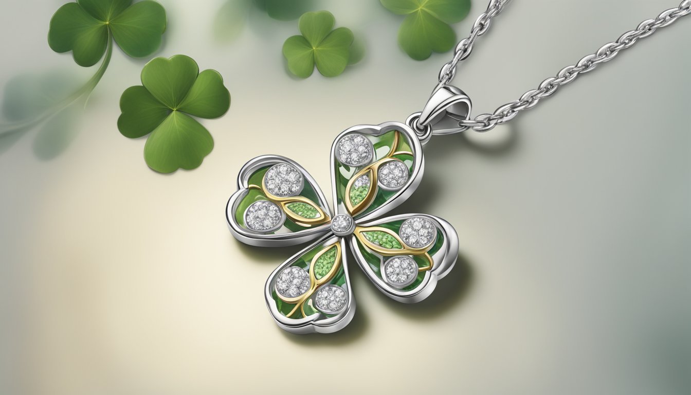 A close-up of a delicate clover necklace, highlighting the intricate craftsmanship and high-quality materials used in its creation