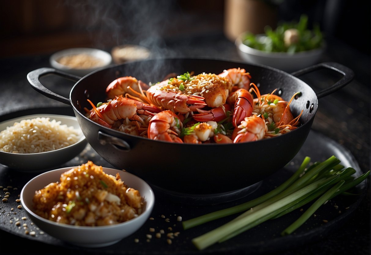 A lobster sizzling in a wok with ginger, garlic, and scallions. A splash of soy sauce and a sprinkle of sesame seeds