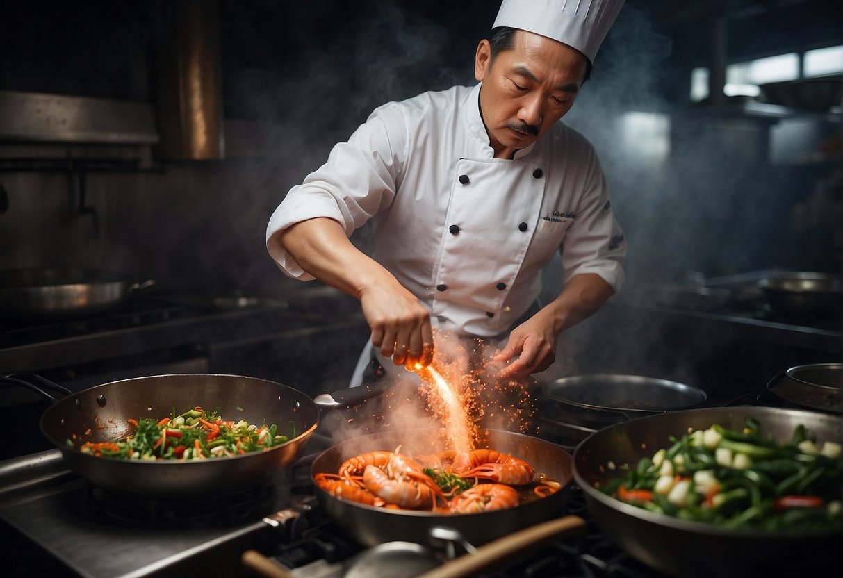 A chef stirs a wok filled with sizzling lobster, ginger, and scallions, creating a fragrant cloud of Chinese spices