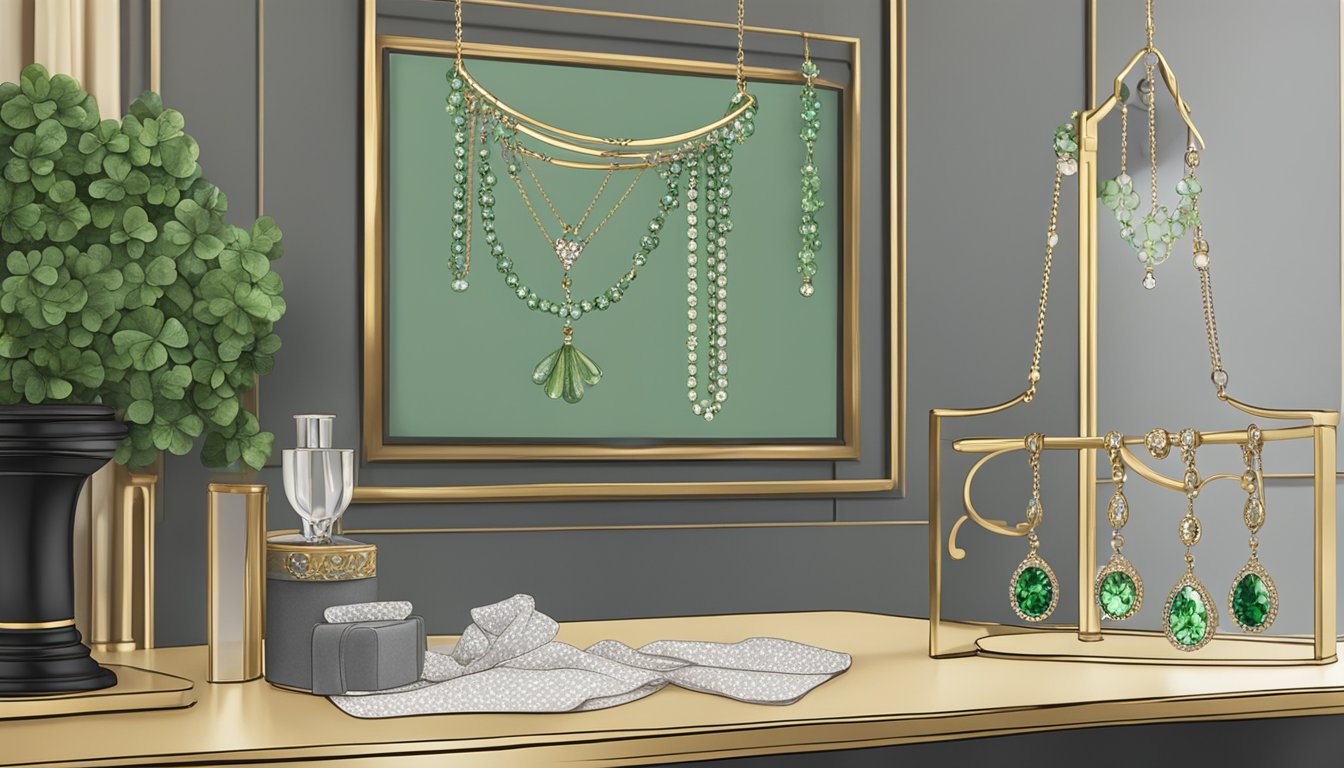A sparkling clover necklace is displayed on a velvet jewelry stand, with a sign reading "Frequently Asked Questions" beside it