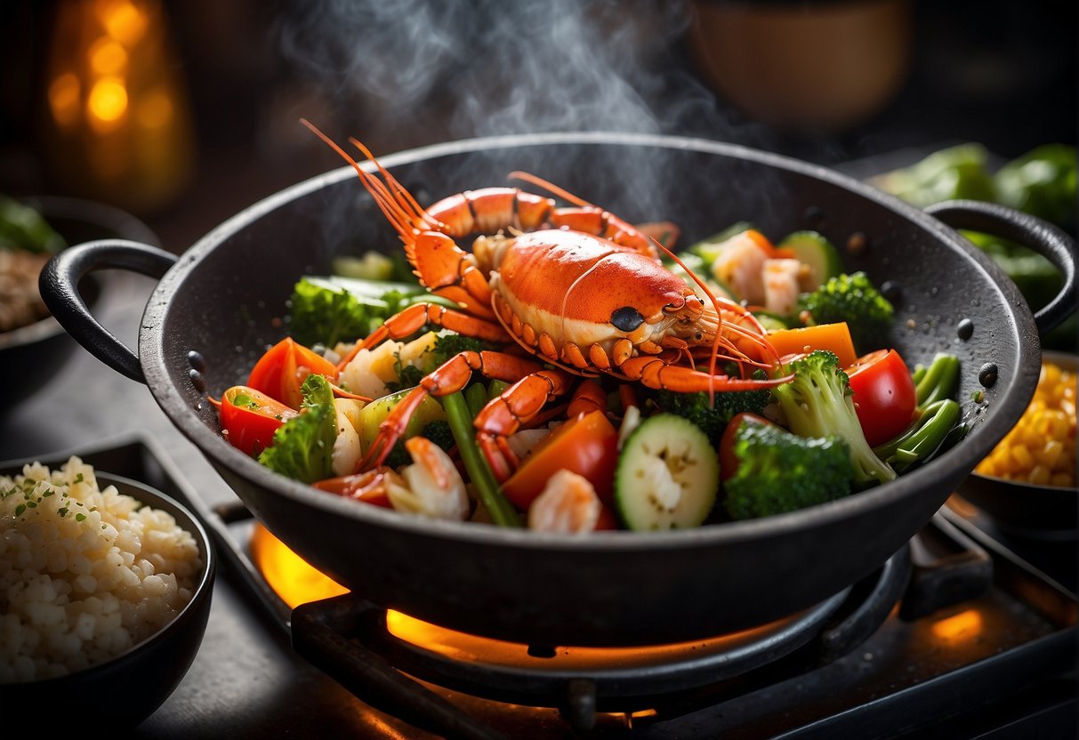 A large wok sizzling with hot oil, a whole lobster being stir-fried with ginger, garlic, and scallions, surrounded by colorful vegetables and aromatic spices