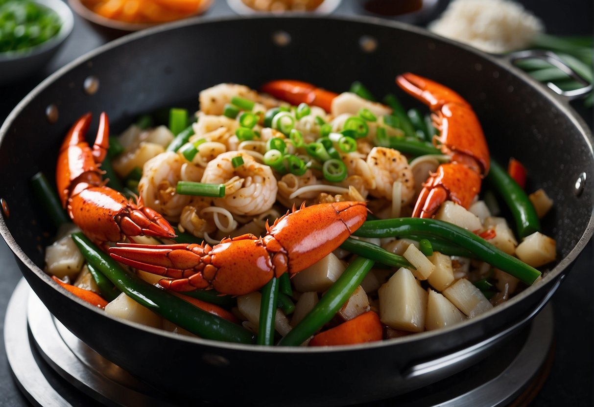 A wok sizzles with ginger, garlic, and green onions. A whole lobster is added, then stir-fried with soy sauce and Chinese cooking wine