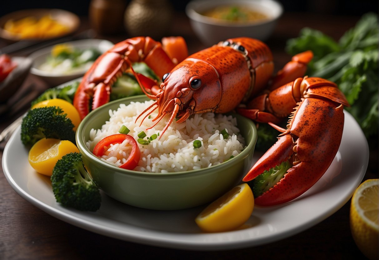 A steaming lobster dish surrounded by vibrant vegetables and a side of rice, with a small bowl of savory sauce on the side