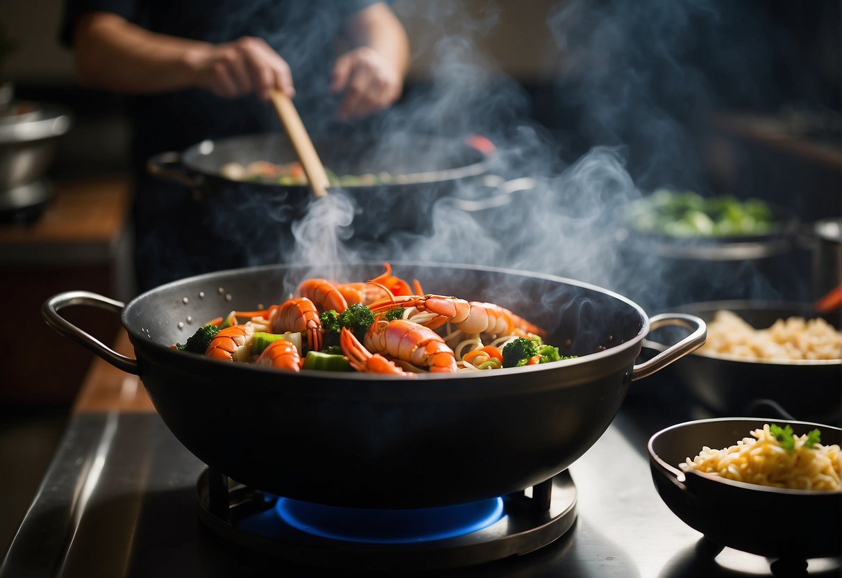 A steaming wok sizzles with ginger, garlic, and soy sauce as a whole lobster is expertly stir-fried in a traditional Chinese kitchen