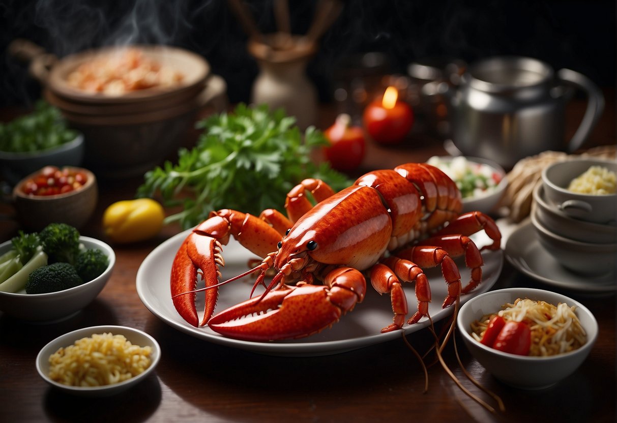 A large red lobster surrounded by traditional Chinese cooking ingredients and utensils, with a recipe book open to the "Frequently Asked Questions" section