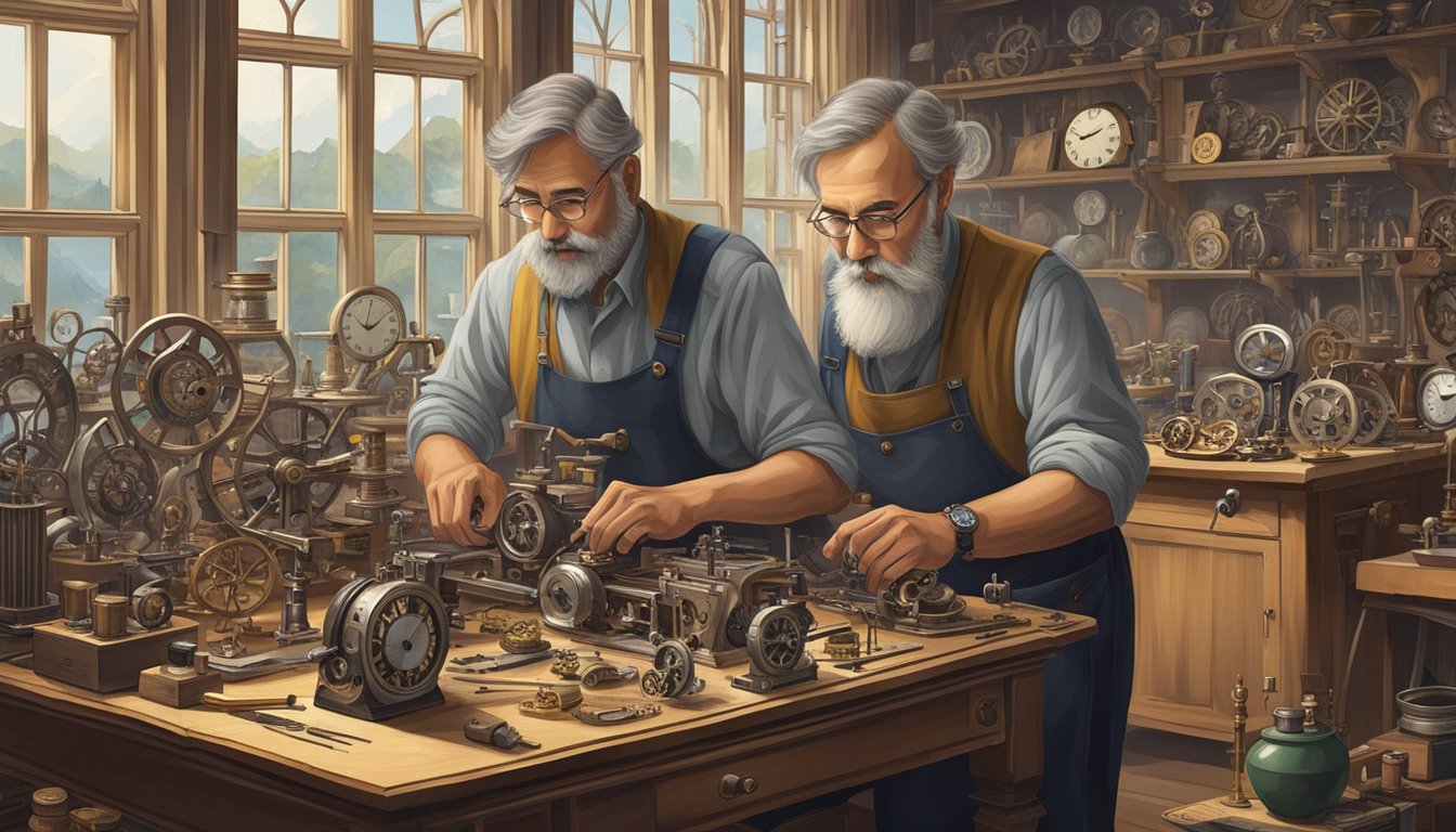 A Swiss watchmaker meticulously crafting intricate gears and dials, surrounded by vintage timepieces and traditional tools in a historic workshop