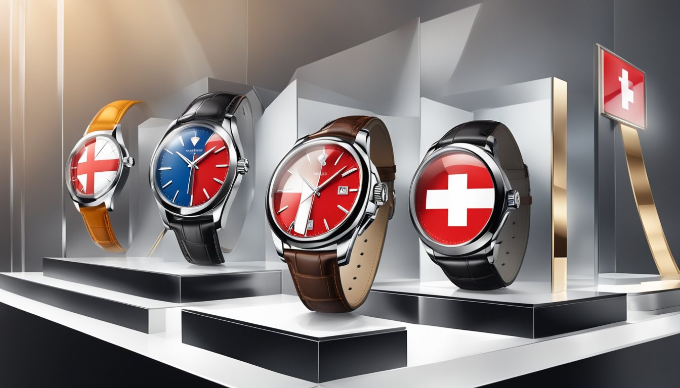 A Swiss flag waving in the background, with a collection of iconic Swiss watch brands displayed in a luxurious showcase