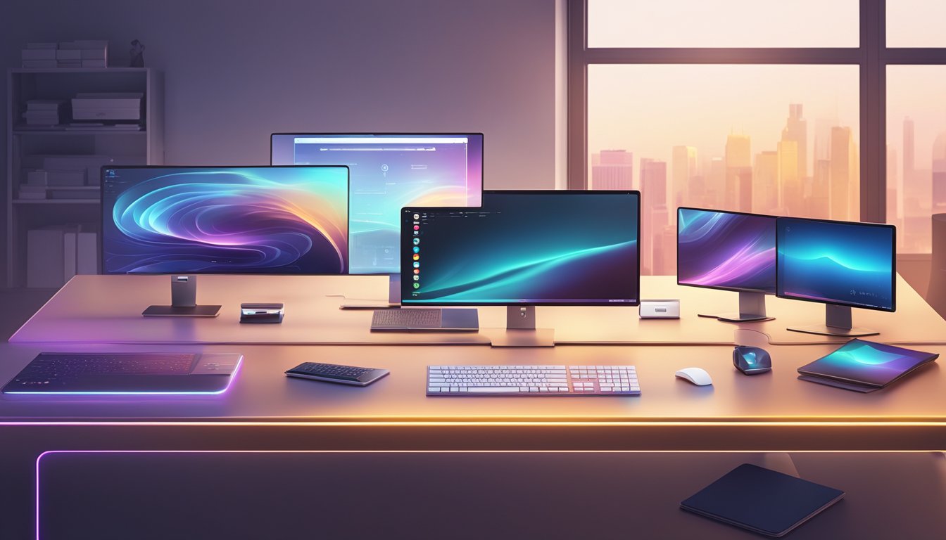 Various computer brands lined up on a sleek, modern desk. The logos are prominently displayed, and the screens are turned on, emitting a soft glow