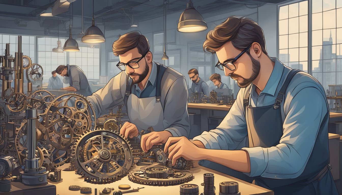 A Swiss watchmaker meticulously assembles intricate gears and components, while a team of engineers brainstorm new designs in a modern workshop