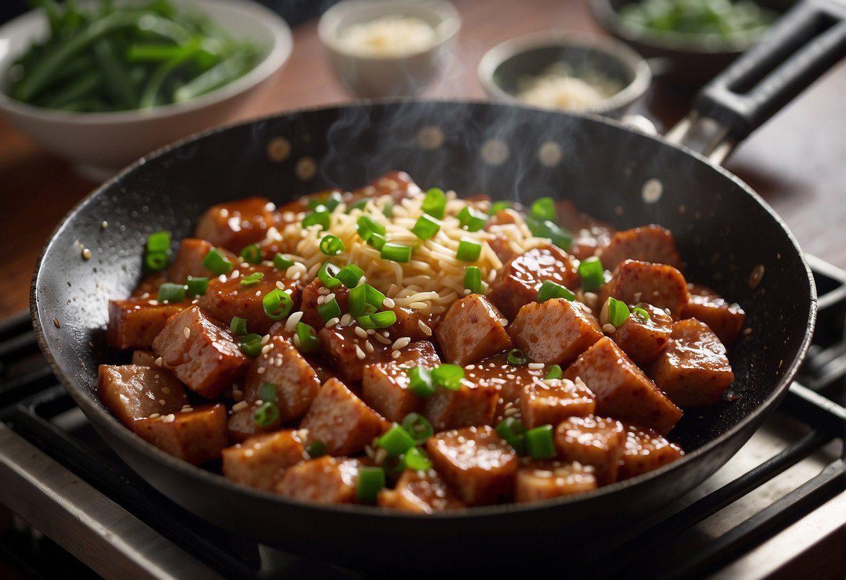 A wok sizzles as luncheon meat is stir-fried with garlic, ginger, and soy sauce. A sprinkle of green onions adds color to the dish