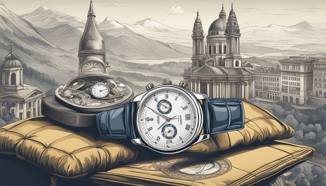 A Swiss watch displayed on a luxurious velvet cushion, surrounded by iconic Swiss landmarks and symbols of precision and craftsmanship