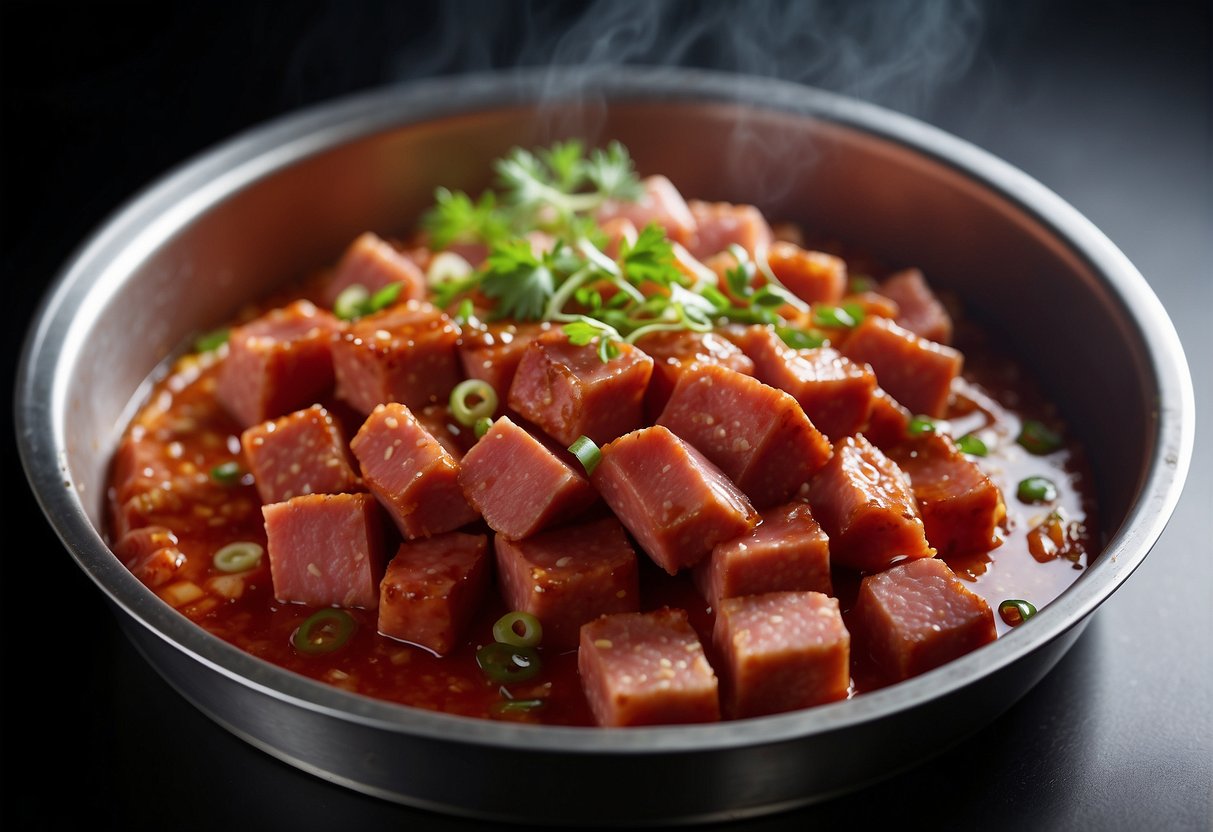 A can of Chinese-style luncheon meat sizzling in a hot pan, releasing savory aromas as it crisps up on the edges