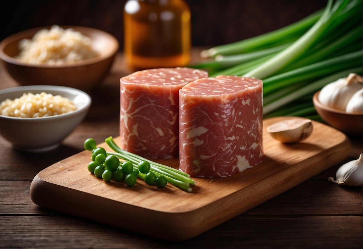 A can of chinese luncheon meat surrounded by garlic, ginger, soy sauce, and green onions on a wooden cutting board