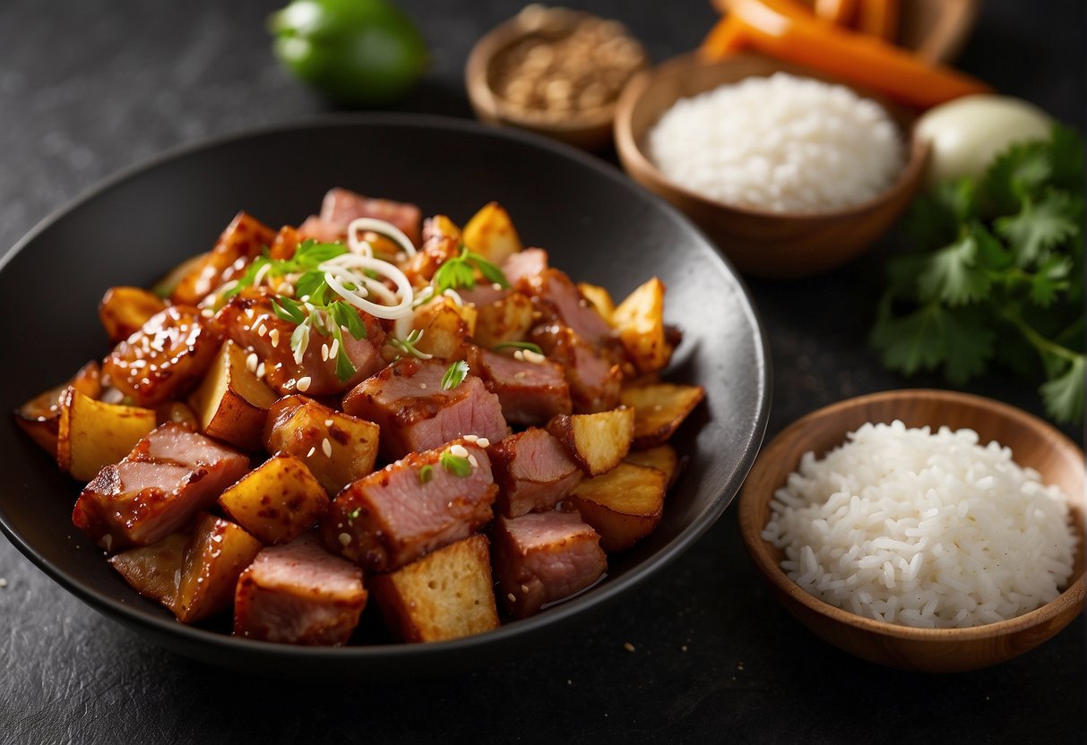 A sizzling wok fries chunks of luncheon meat with garlic and ginger. A steaming platter of crispy meat is served with a side of fragrant jasmine rice