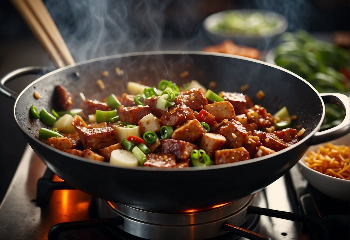 A wok sizzles as chunks of luncheon meat are stir-fried with garlic, ginger, and soy sauce. Green onions and chili peppers are added for a spicy kick